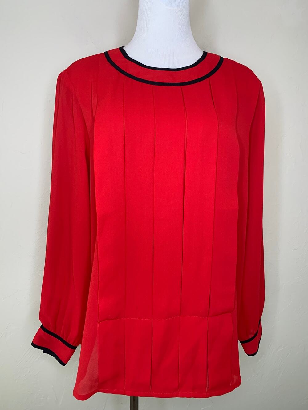 Red Black Chiffon Classic Blouse Size 18W 1990s Career Pleat Front